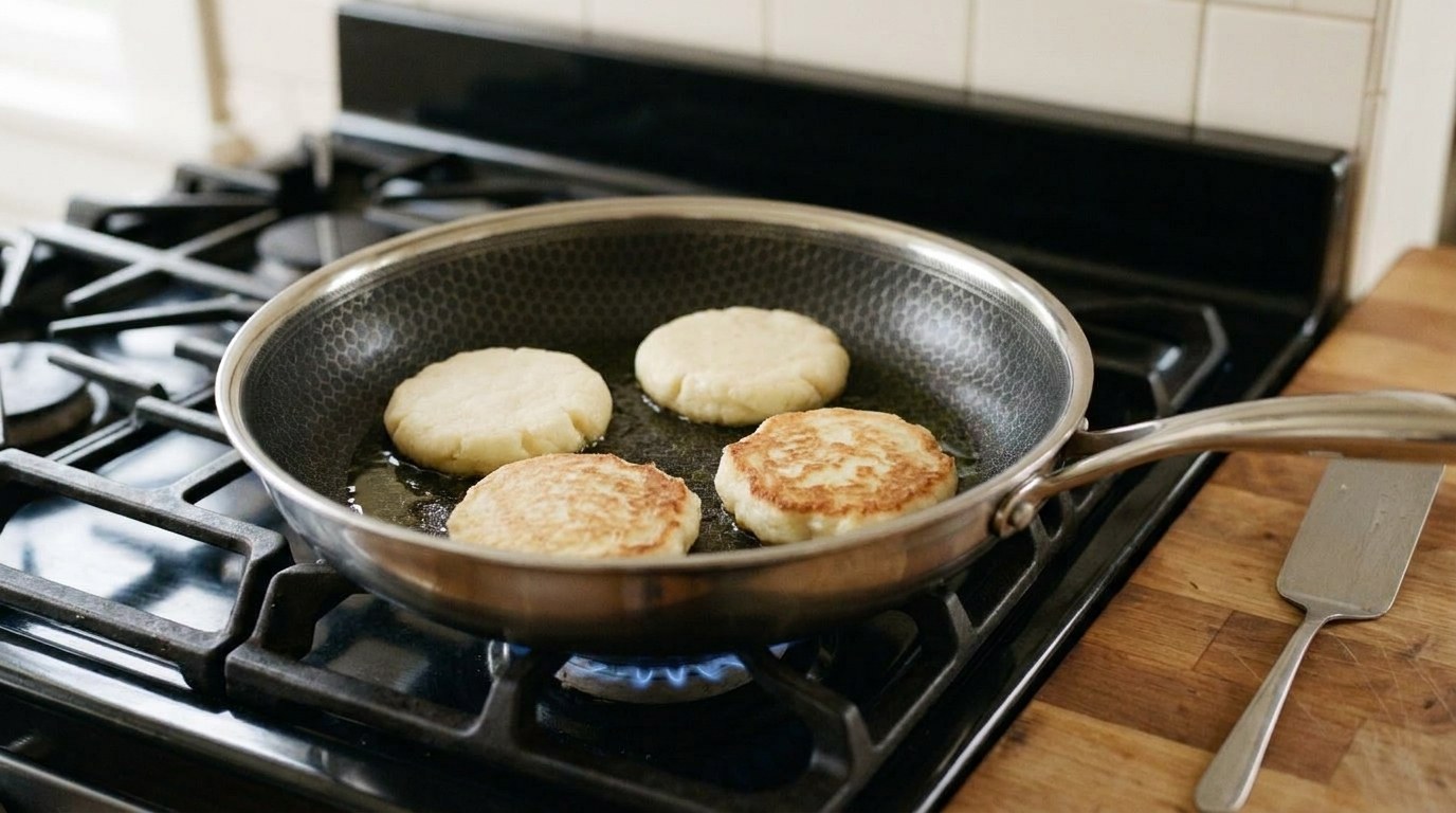 Four homemade potato cakes made from leftover mashed potato frying in olive oil in a stainless-steel skillet, two turned to show a golden-brown underside