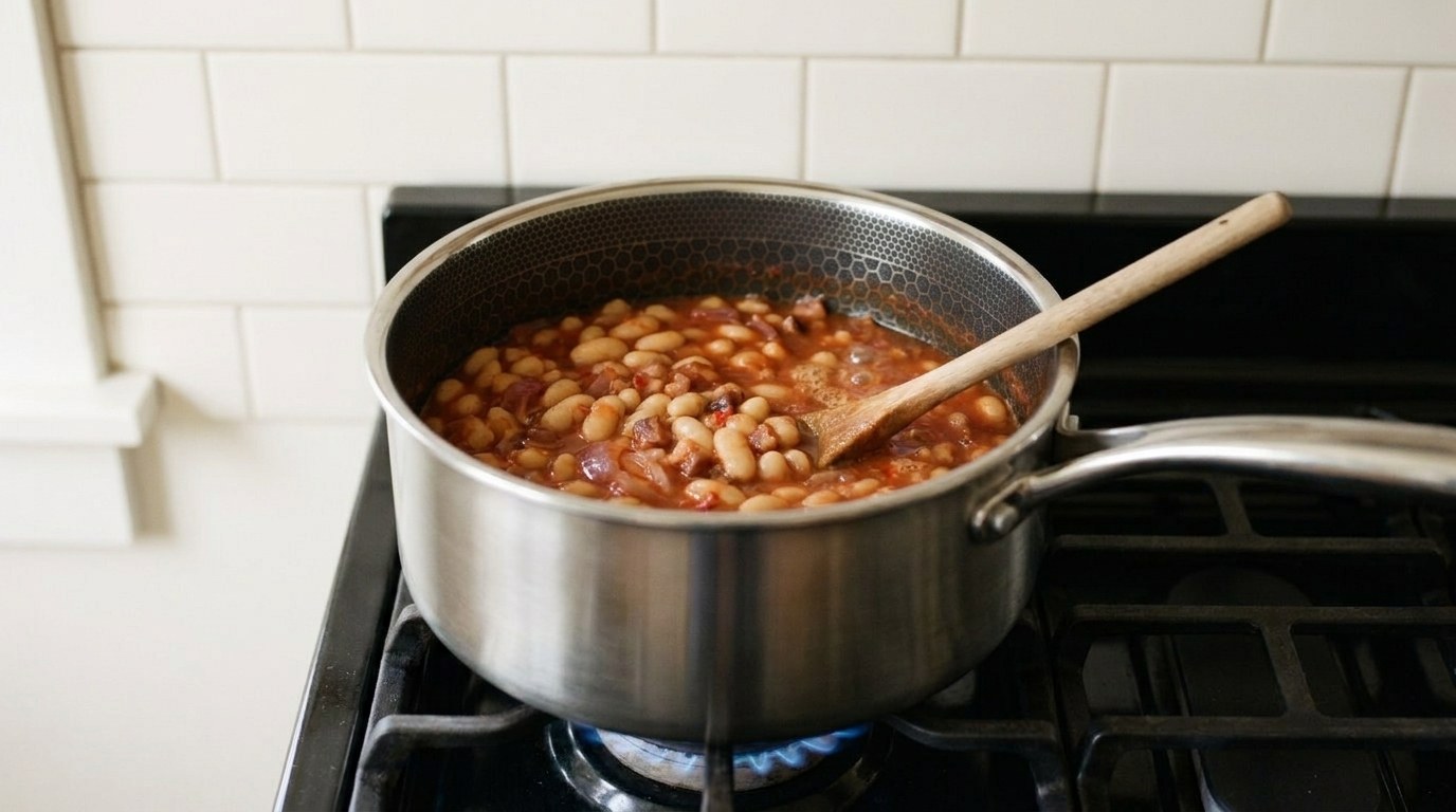 Homemade baked beans simmering in a thick brick-red tomato sauce with red onion, pancetta and chilli in a stainless-steel saucepan with a wooden spoon on a gas range