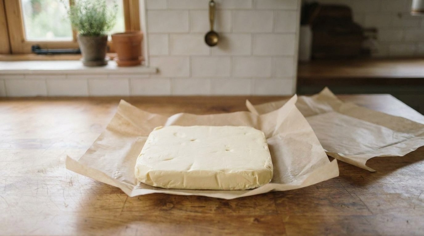 Croissant butter block: a flat, cold square of European-style butter on parchment paper on a butcher-block counter, before it is folded into the dough