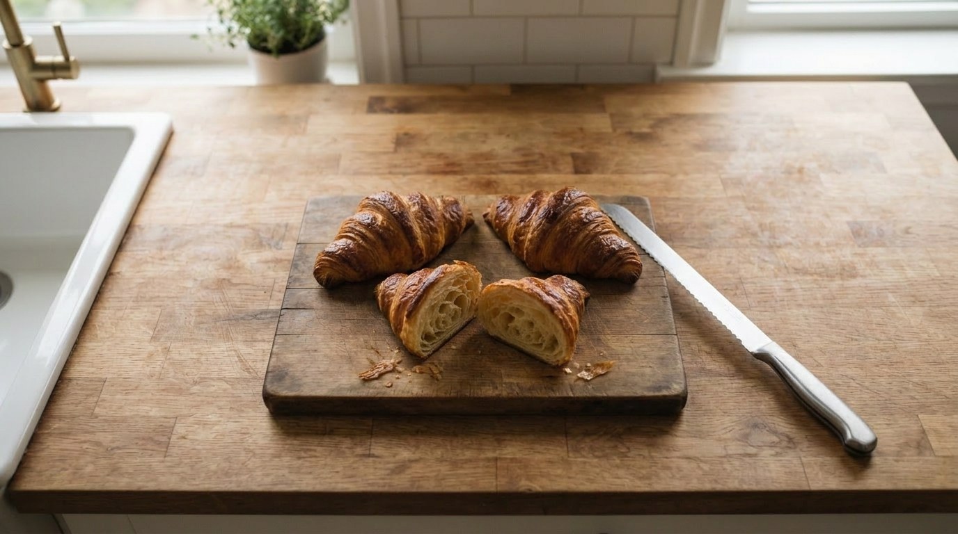 Inside a homemade croissant: a baked croissant cut in half on a wooden board showing the open honeycomb crumb of large air cells and thin buttery layers