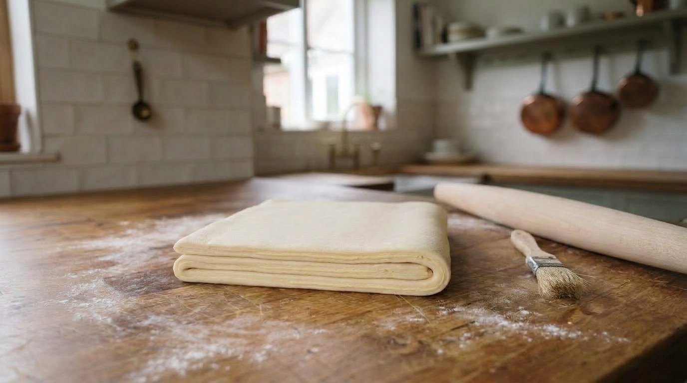 Laminating croissant dough: croissant dough just folded in thirds like a letter on a floured butcher-block counter, the stacked layers visible at the open edge, beside a rolling pin and pastry brush