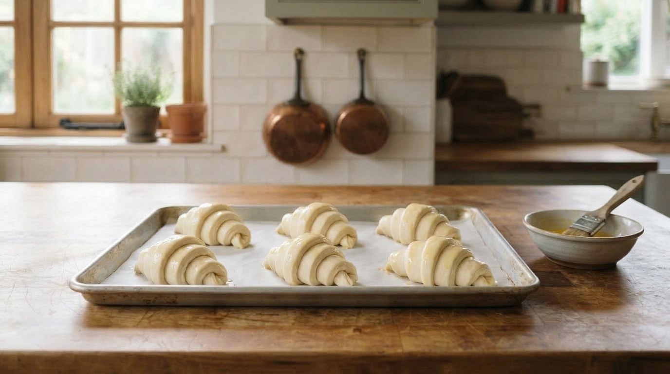 Proofed croissants before baking: six puffy, raw, shaped croissants brushed with egg wash on a parchment-lined baking sheet, layers visible on the sides