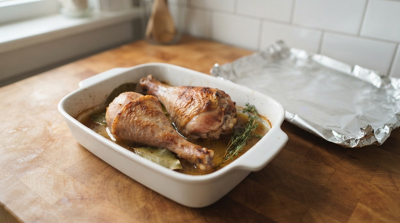 Two roast turkey legs in a small white baking dish with a shallow pool of stock, bay leaves and thyme, a sheet of foil beside the dish ready to cover it