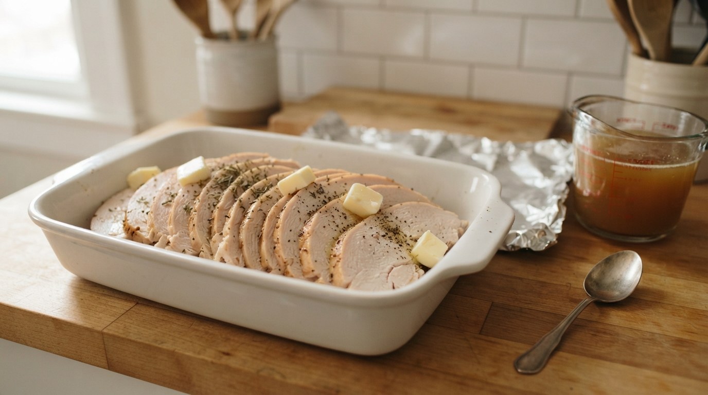 Slices of cold roast turkey breast laid in a white baking dish with cubes of butter on top, a measuring cup of turkey stock and a sheet of foil beside it