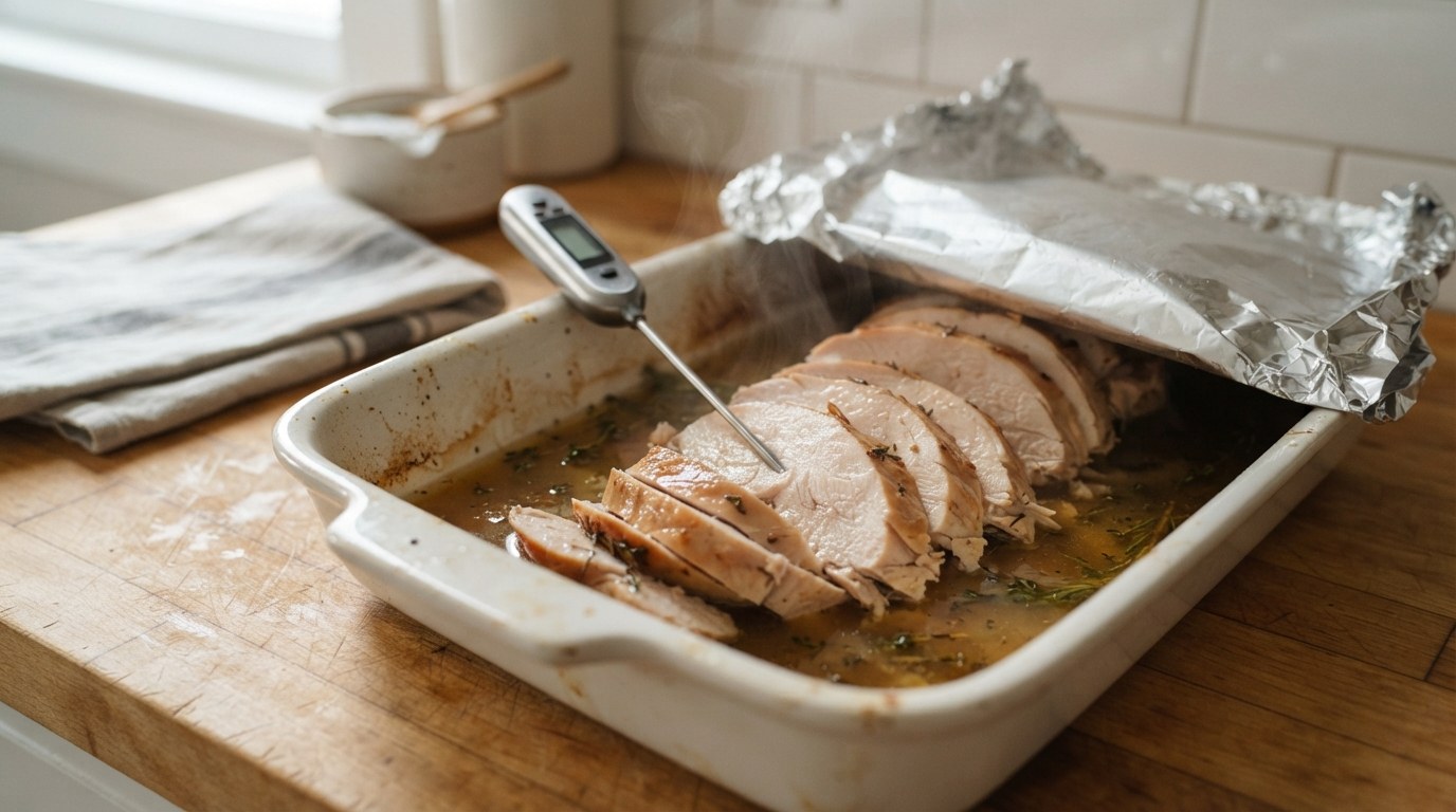 An instant-read probe thermometer pushed into a slice of reheated turkey breast in a baking dish of stock, foil folded back from one corner and steam rising