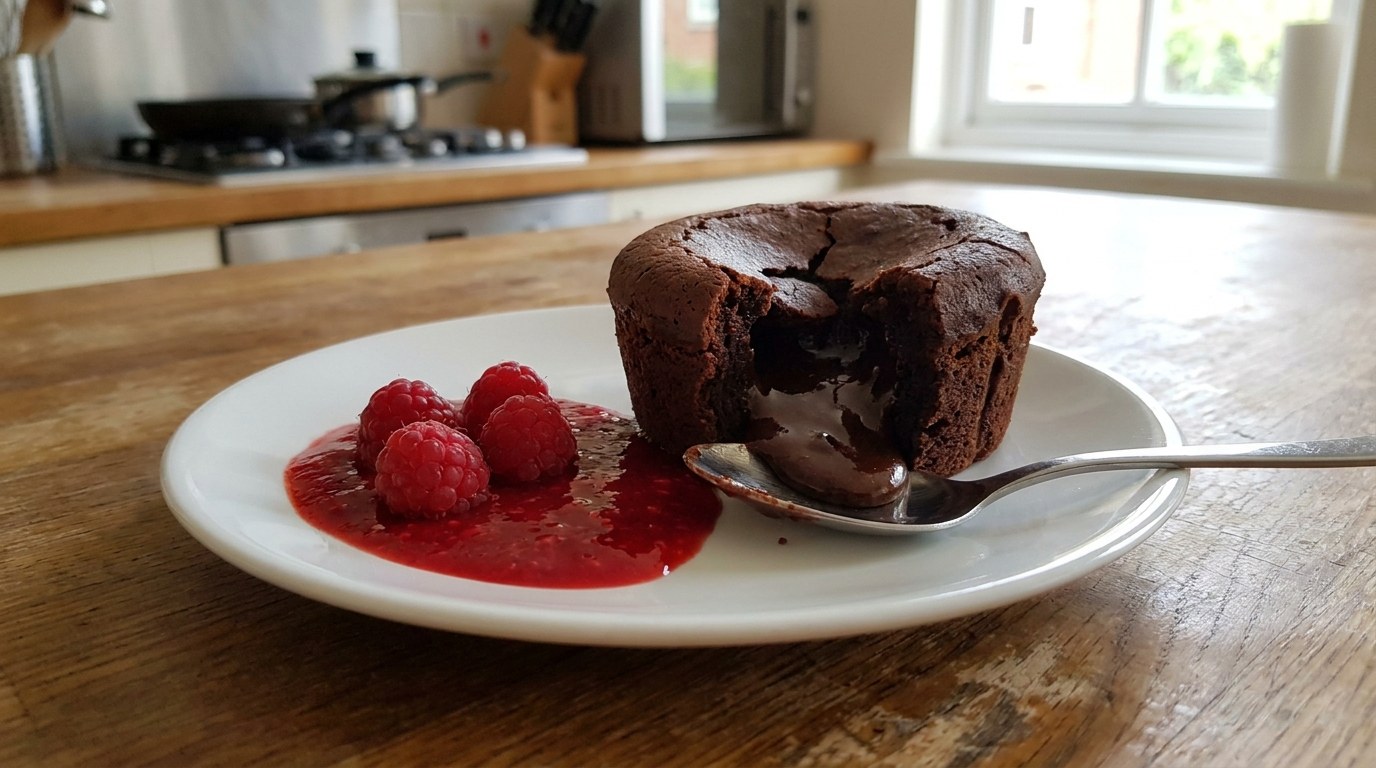 A chocolate fondant turned out on a white plate and cut open with a spoon so the molten chocolate center spills out, with raspberry coulis and fresh raspberries beside it