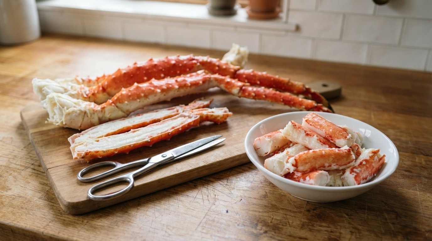 Thawed cooked king crab legs on a wooden cutting board, two split open with kitchen shears to show the thick white meat, beside a bowl of king crab meat pulled out in large chunks