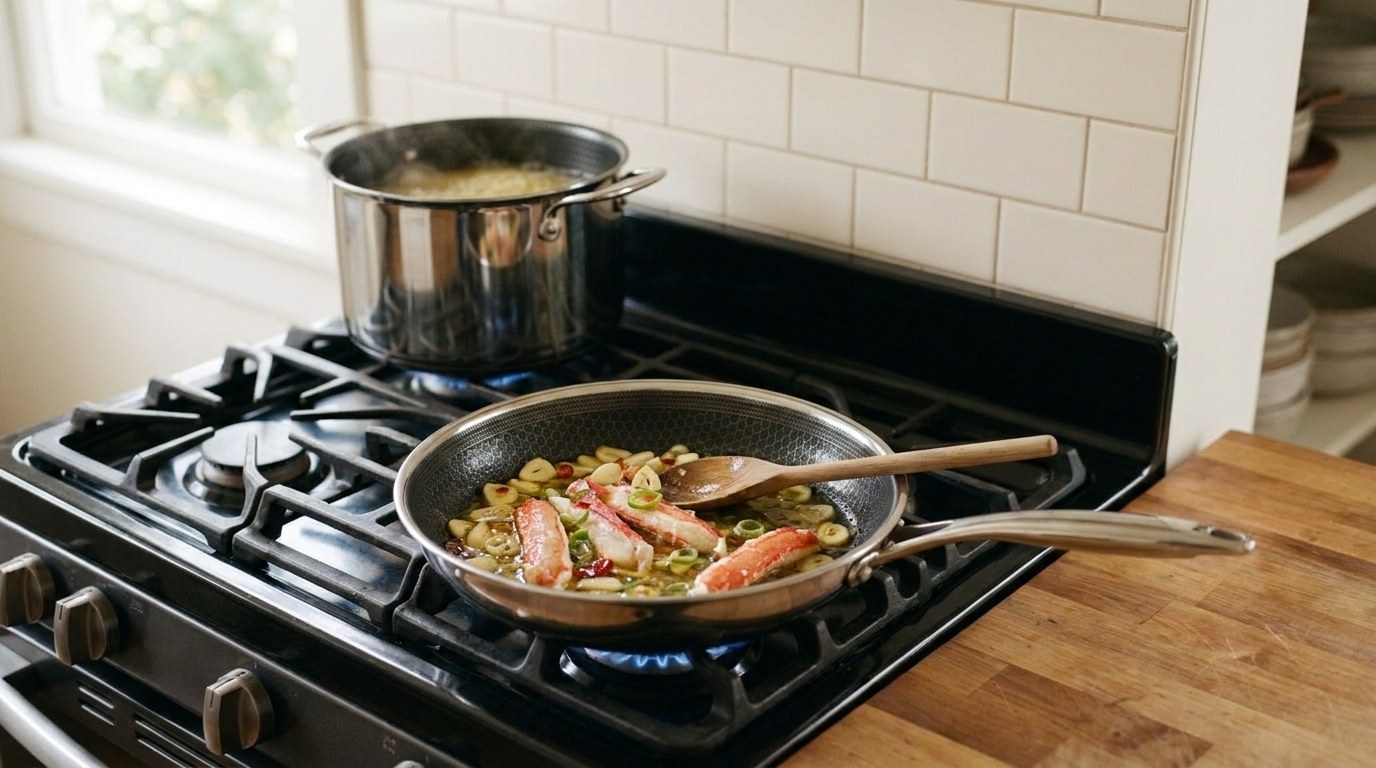King crab warming in a garlic, chili and green onion butter sauce in a skillet on the front burner, with a stockpot of boiling capellini on the back burner of a gas range