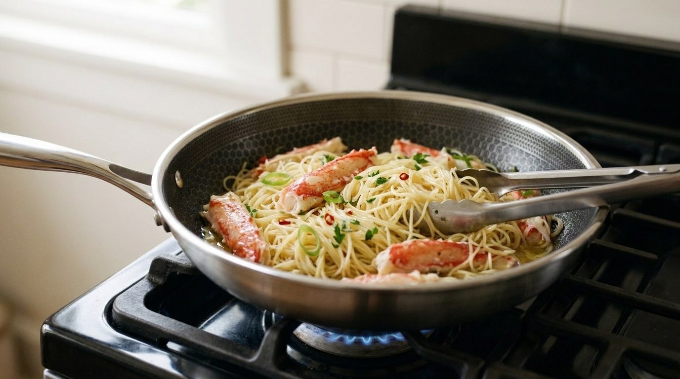 Capellini tossed with king crab, red chili, green onion and parsley in a glossy butter and olive oil sauce in a skillet, tongs resting in the pan
