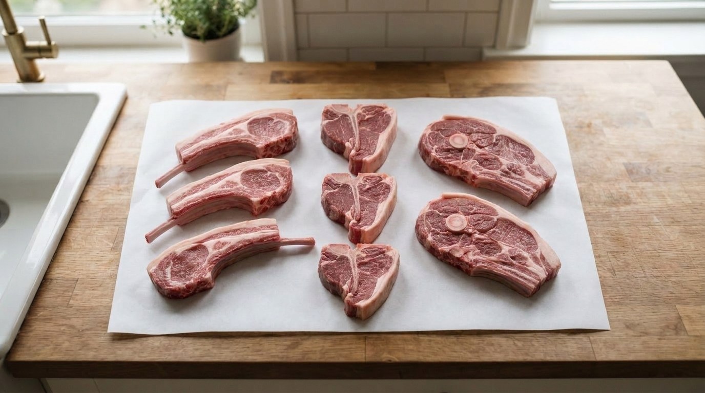 Raw lamb rib chops with frenched bones, T-bone loin chops and round-bone shoulder arm chops on butcher paper