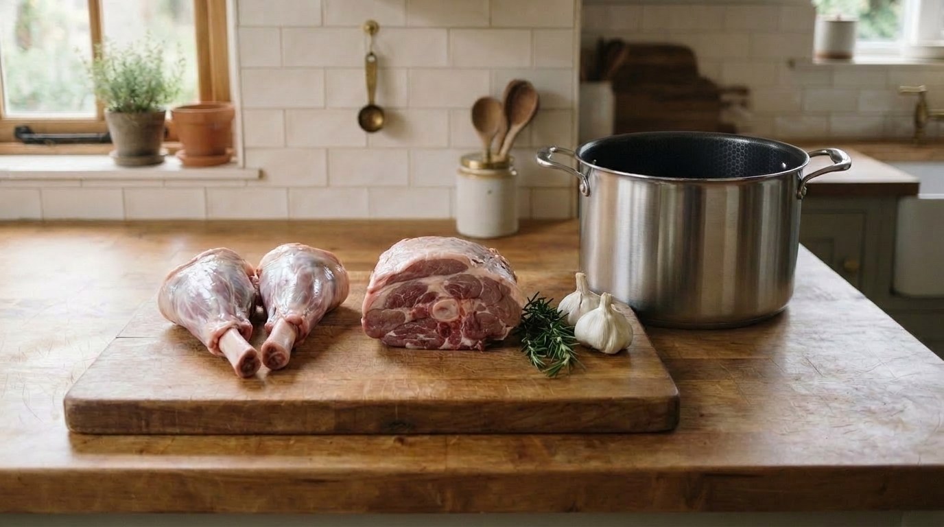 Raw lamb shanks and a bone-in lamb shoulder roast on a cutting board next to an empty stockpot for braising