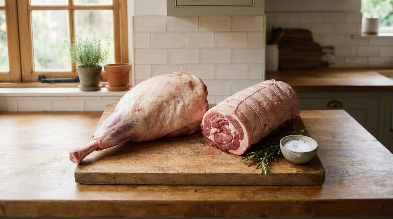 Raw bone-in leg of lamb beside a boneless leg of lamb rolled and tied with butcher twine