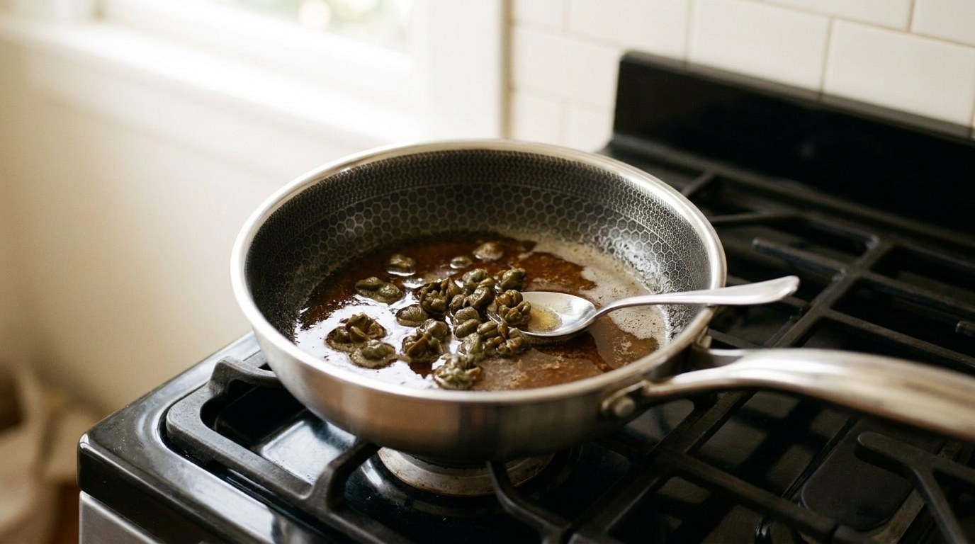 Brown butter caper sauce in a small hybrid stainless saucepan on the range, capers fried open and crisp in nut-brown butter with toasted milk solids, a spoon resting in the pan