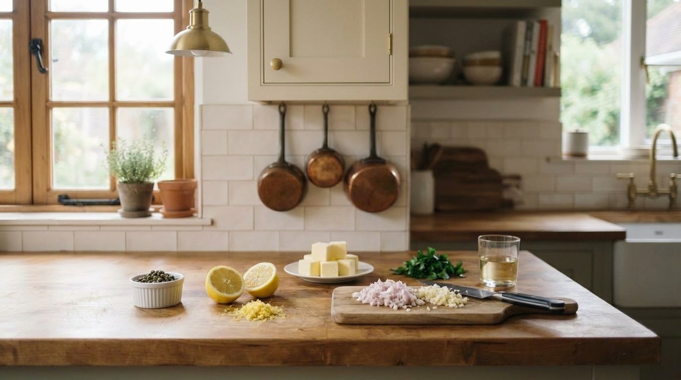 Lemon butter caper sauce ingredients on a butcher-block counter: a ramekin of drained capers, a halved lemon and zest, cold butter cubes, minced shallot and garlic, chopped parsley and a glass of white wine