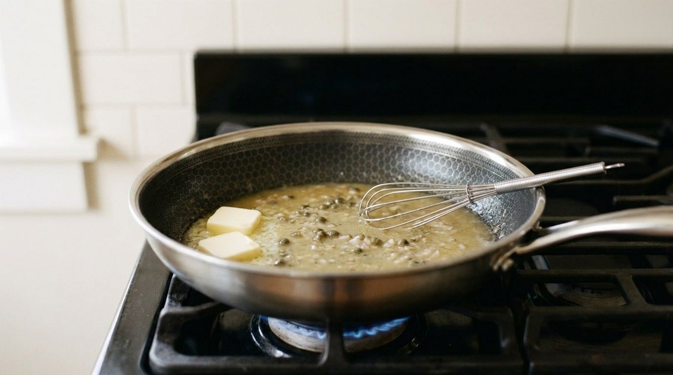 Cold butter cubes melting into a creamy, pale gold lemon butter caper sauce with capers and minced shallot in a hybrid stainless skillet on a gas range, a small whisk resting in the pan