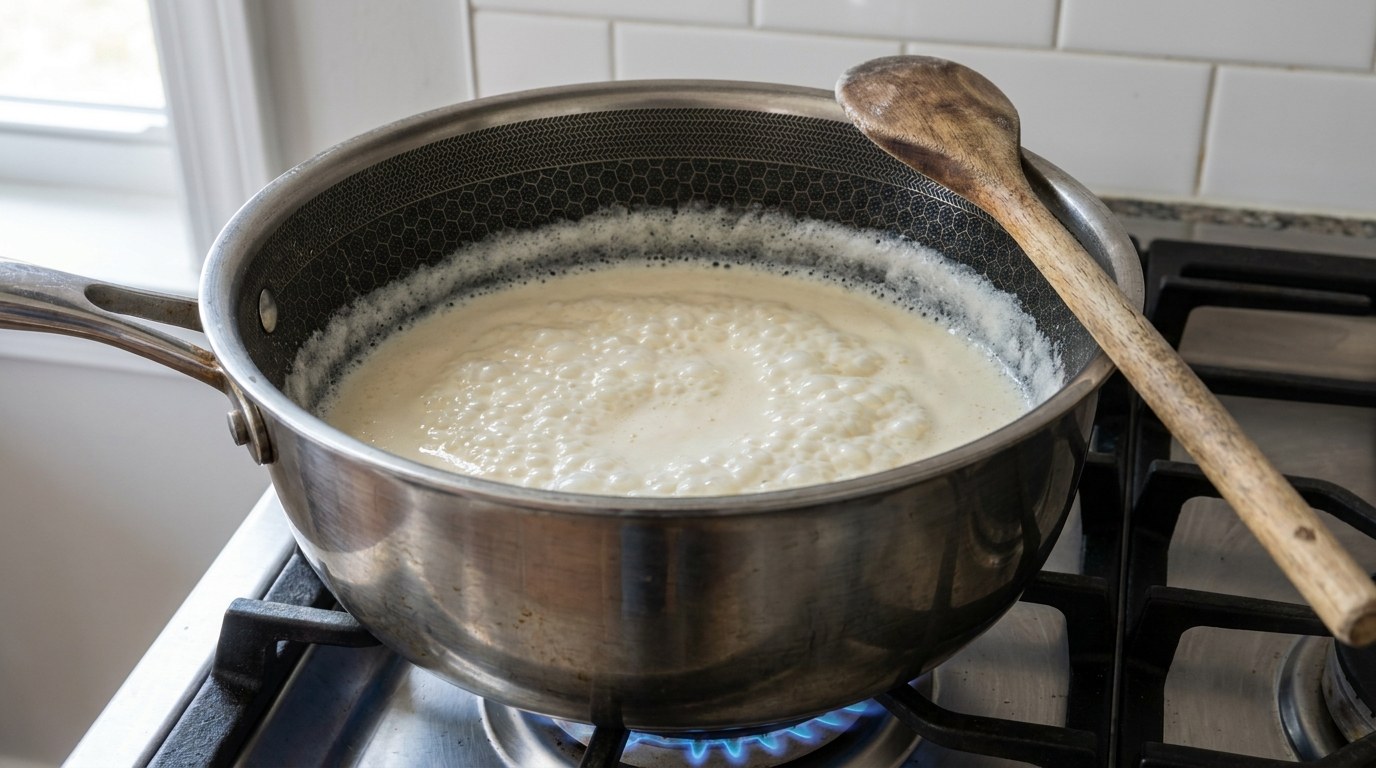 Heavy cream and sugar at a steady boil in a stainless saucepan on a gas stove for lemon posset, a wooden spoon resting on the rim