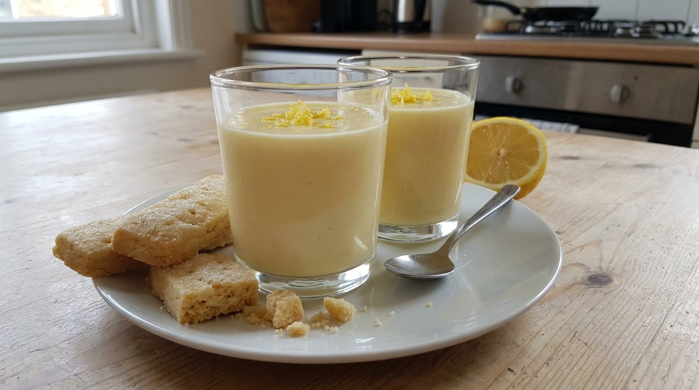 Lemon posset in small glasses with shortbread fingers
