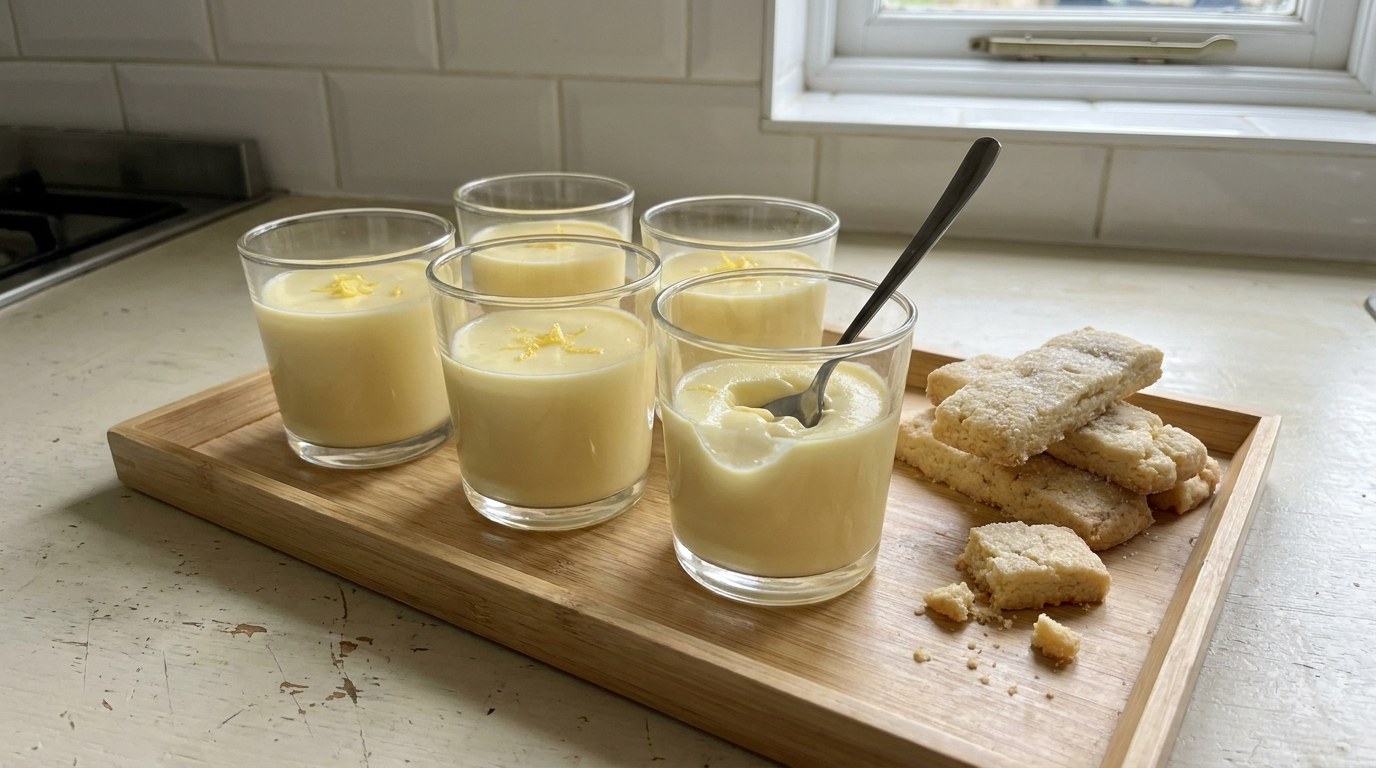 Five small glasses of set lemon posset with grated lemon zest on a wooden tray, a spoonful taken from the front glass to show the smooth spoonable set, with homemade shortbread fingers beside them