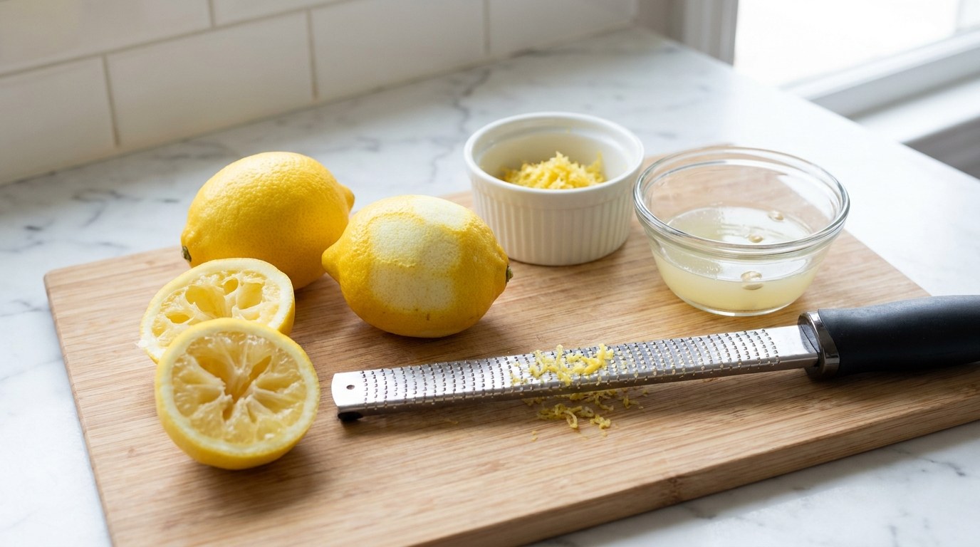 Fresh lemons on a wooden board with one partly zested, squeezed lemon halves, a ramekin of finely grated lemon zest, a bowl of fresh lemon juice and a rasp grater for lemon posset