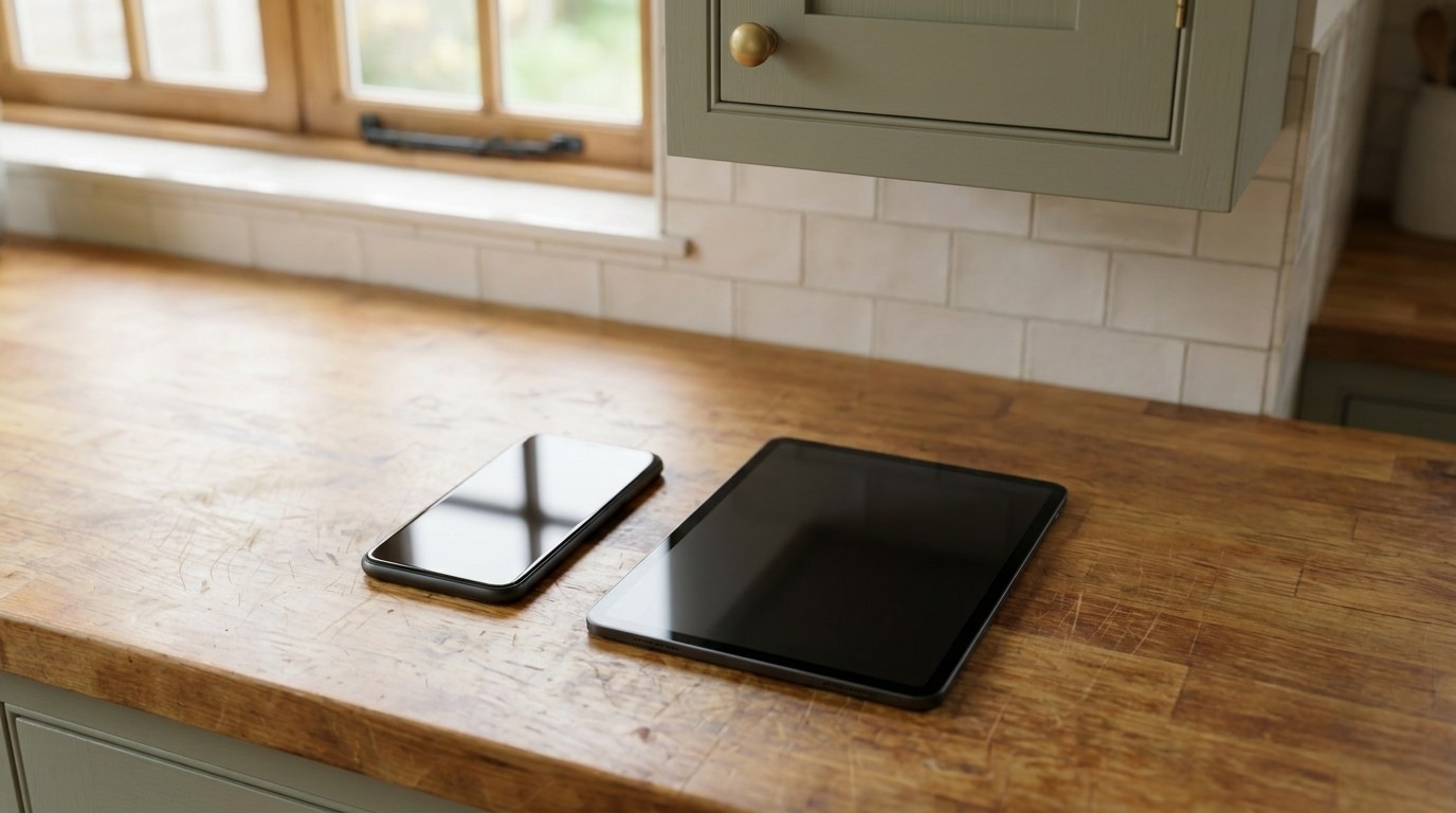 A phone and a tablet with their screens off, side by side on a butcher-block kitchen counter