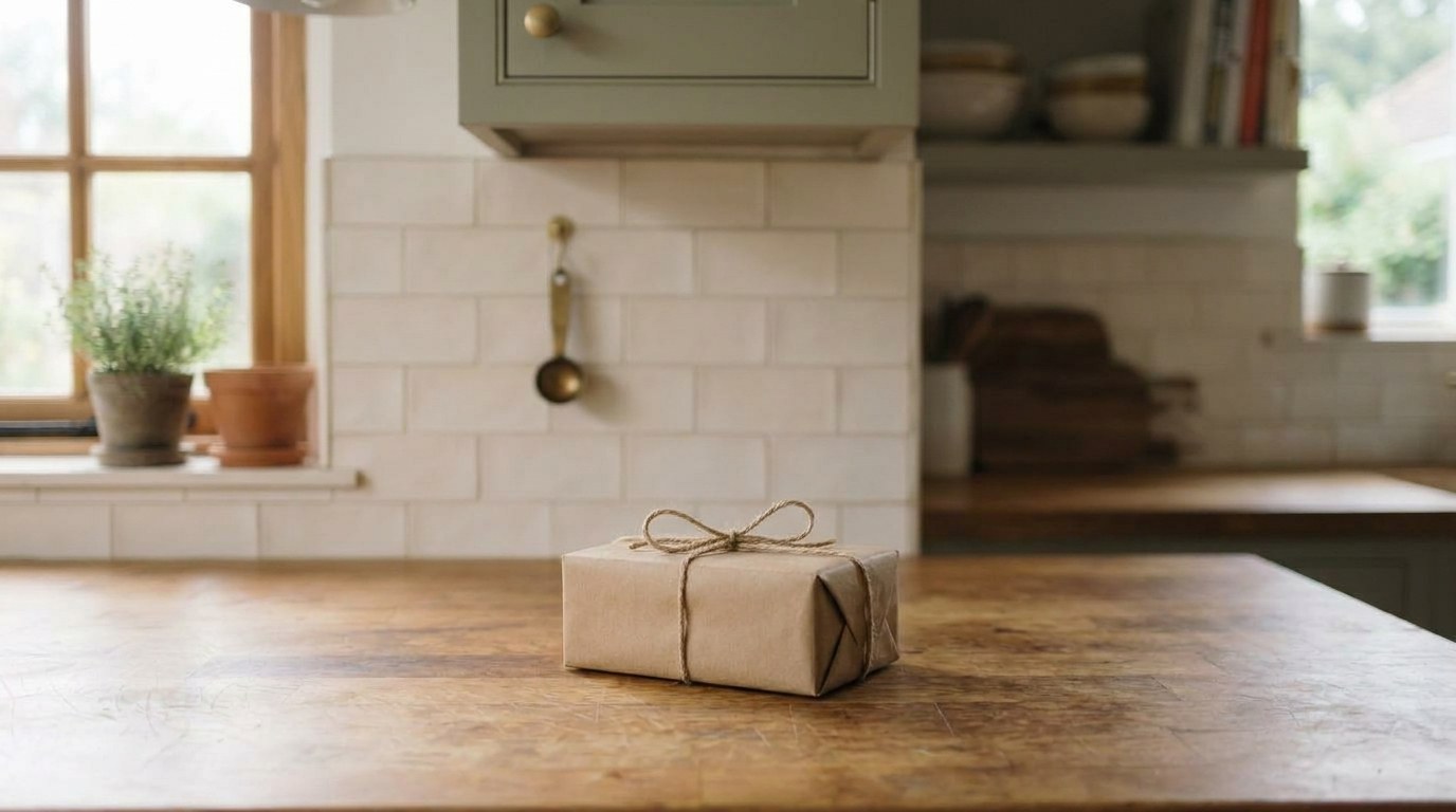 A small gift box wrapped in plain brown kraft paper and tied with twine on a butcher-block kitchen counter