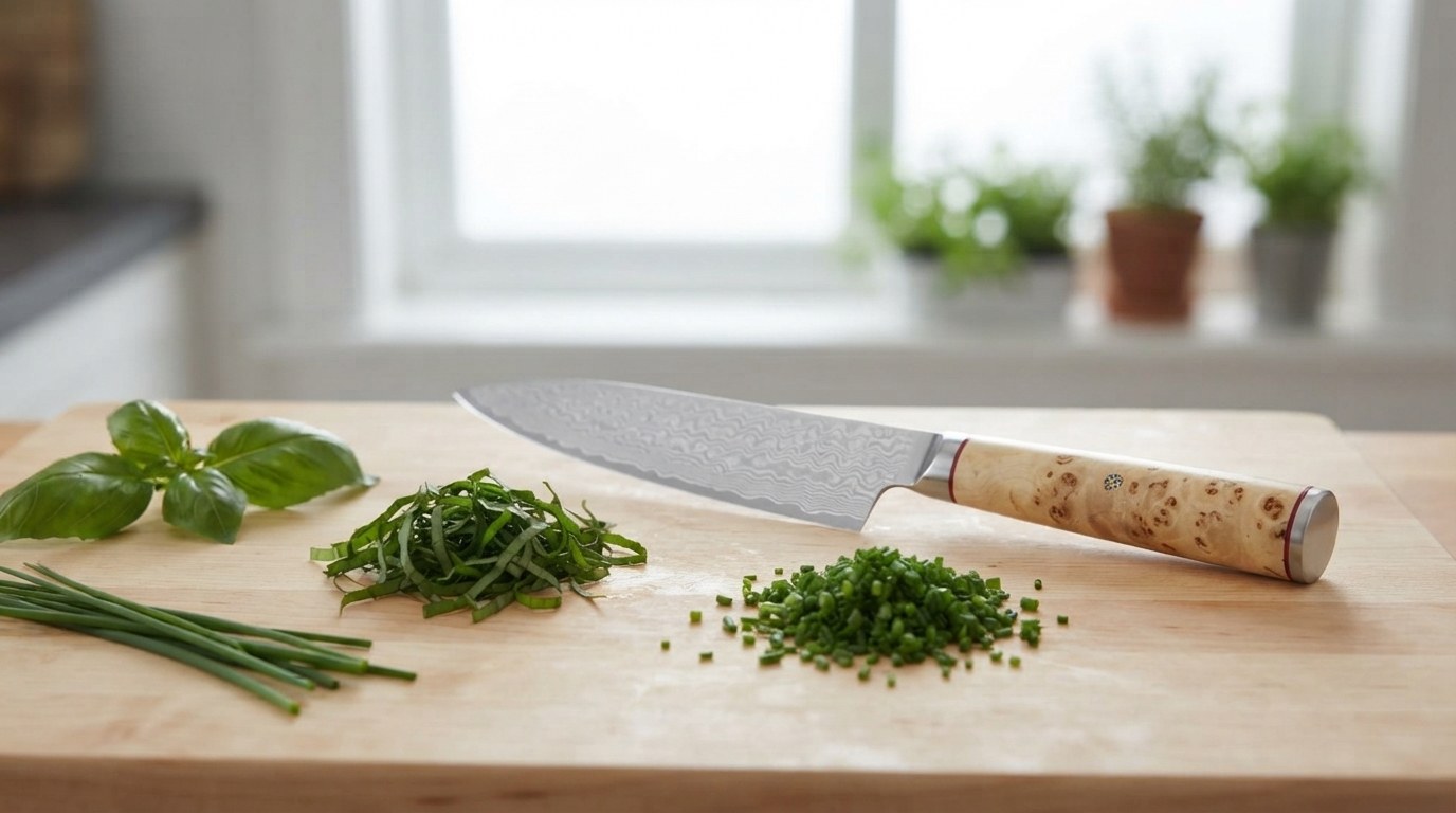 Bright green basil chiffonade and finely minced chives on a wooden board beside a Miyabi style Damascus chef's knife with a birch handle