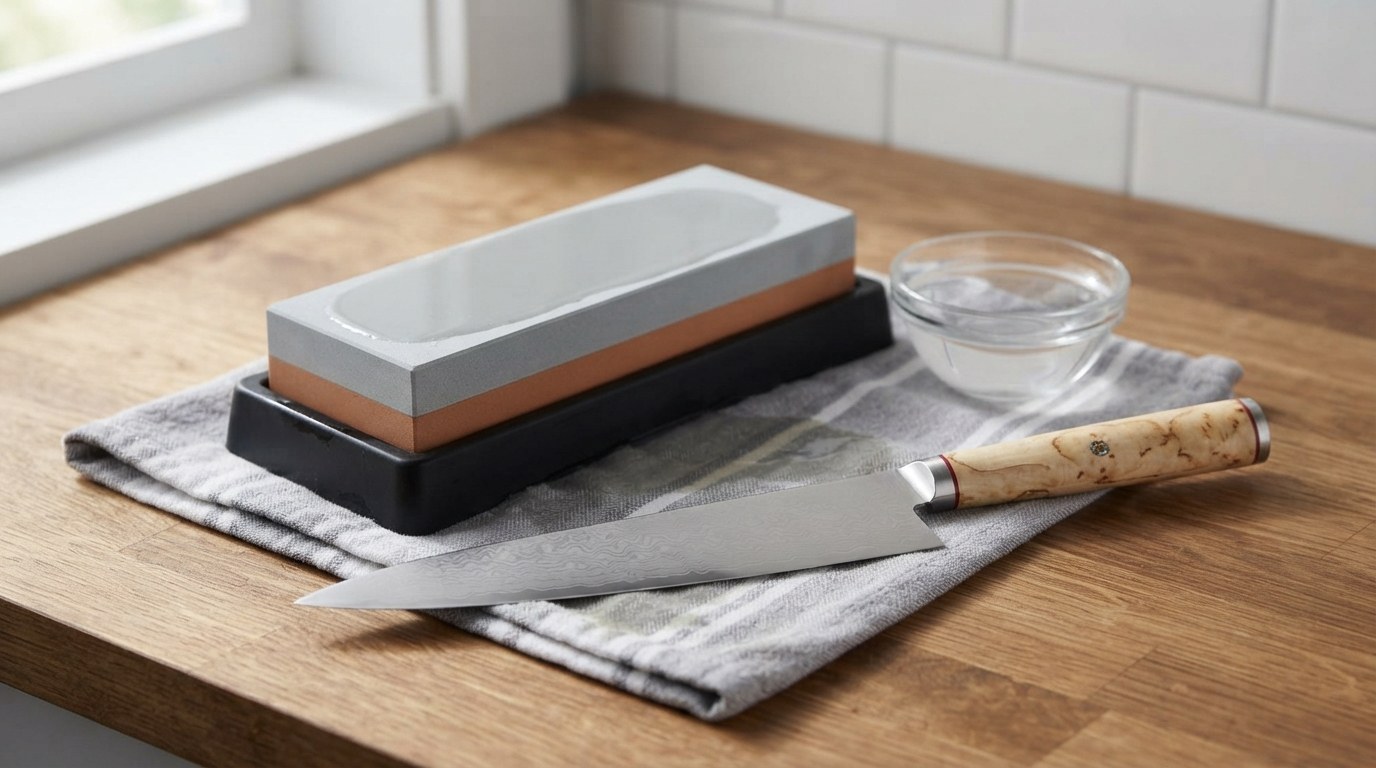 A two-tone combination whetstone wet with slurry in a rubber holder on a damp towel, a Miyabi style Damascus chef's knife with a birch handle beside it