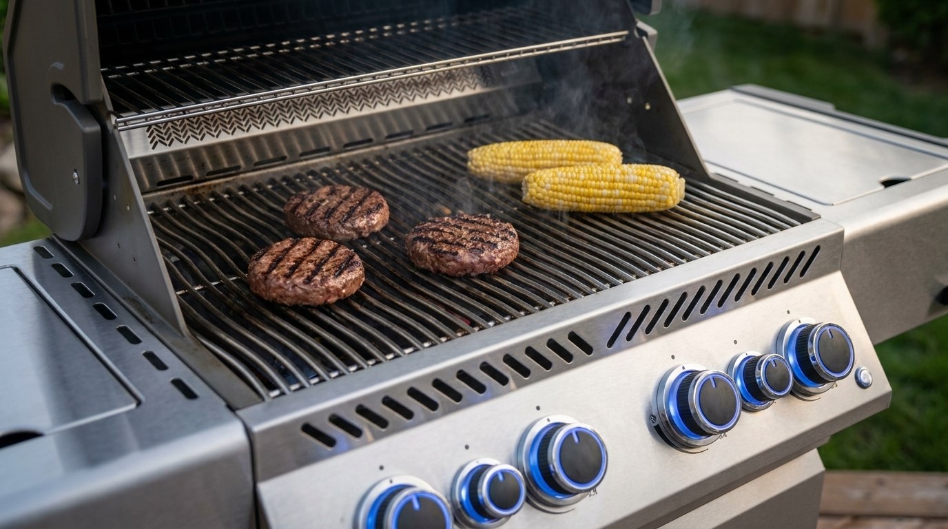 Burger patties with dark sear lines and two ears of corn on the thick stainless cooking grids of a Napoleon Prestige 500 style gas grill, blue lit knobs below
