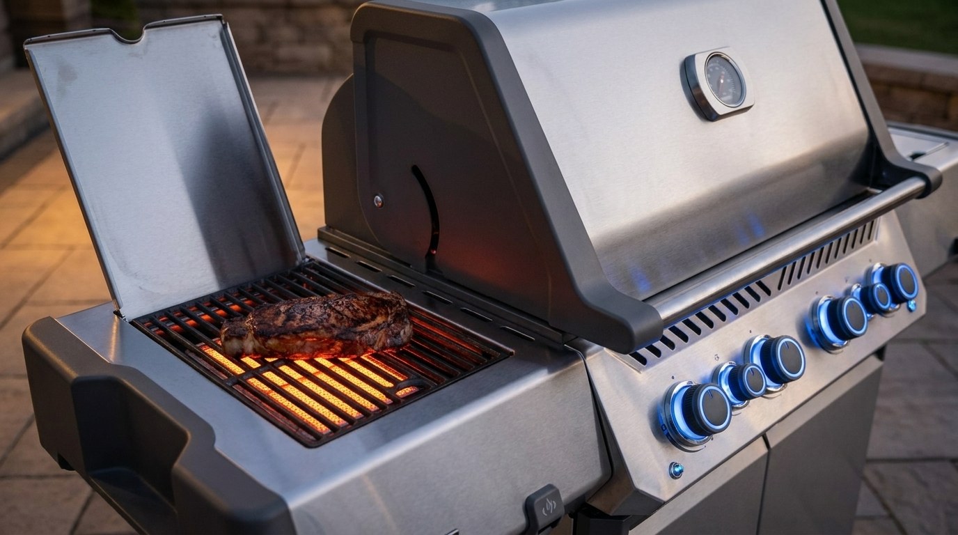 A thick strip steak searing on the glowing infrared side burner of a Napoleon Prestige 500 style grill, the side shelf lid raised and the lit control panel beside it