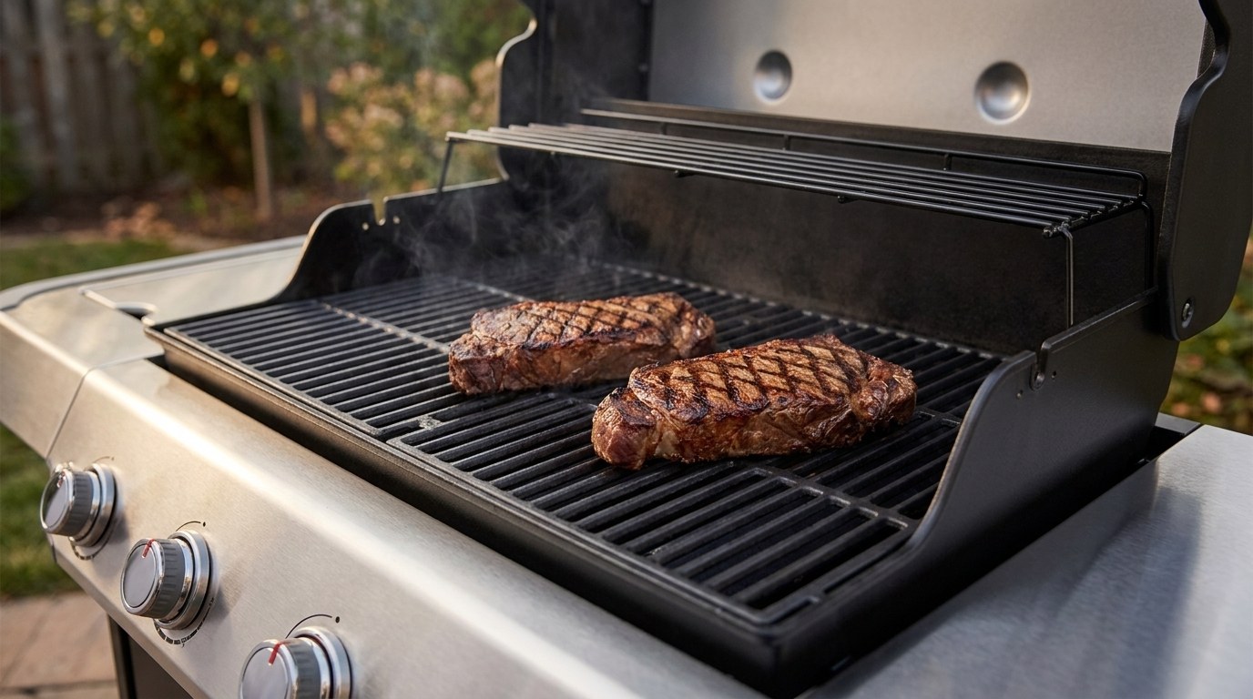 Two thick New York strip steaks with dark crosshatch sear marks on heavy porcelain-enameled cast-iron grates in an open gas grill
