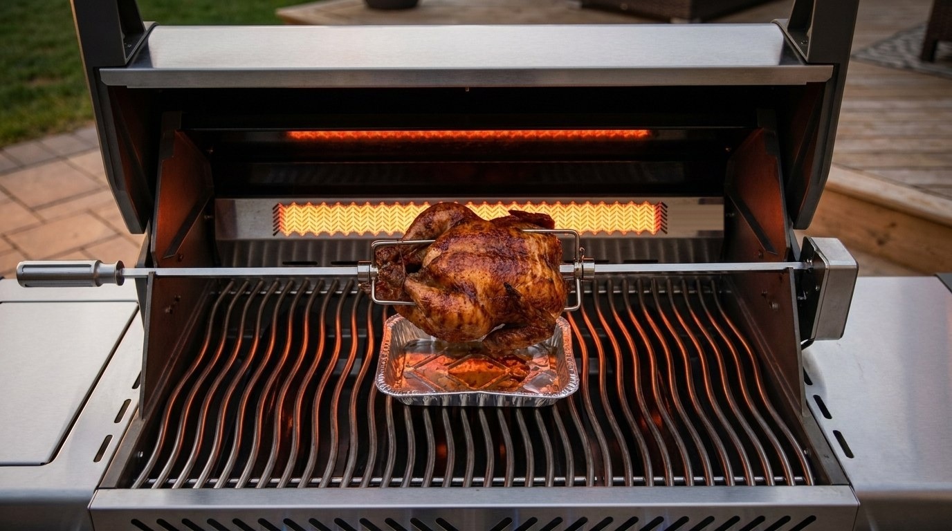 Napoleon vs Weber flagship features: a whole chicken turning on a rotisserie spit in front of a glowing infrared rear burner, over thick wave-shaped stainless cooking grids