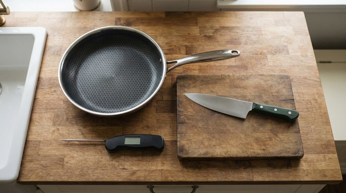Overhead view of a basement-level home kitchen kit on a butcher-block counter: a hybrid hexagon frying pan, a chef's knife on a wooden cutting board and an instant-read thermometer