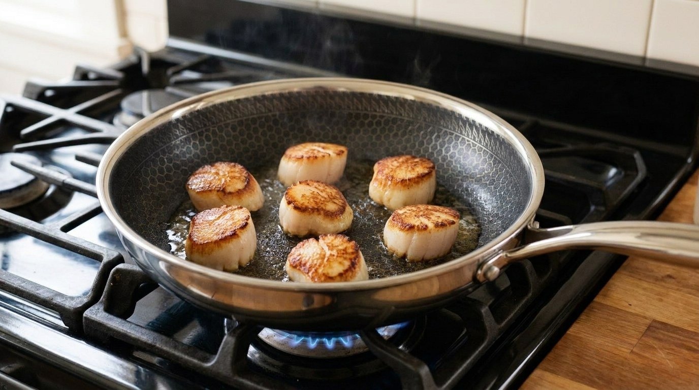A hybrid stainless frying pan with a hexagon-etched interior on a gas burner, seven sea scallops searing with golden-brown crusts