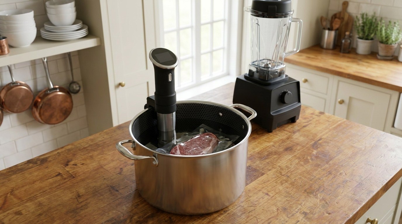 Top-floor home kitchen gear: an immersion circulator clipped to a stainless stockpot with a vacuum-sealed steak in the water bath, a high-powered blender behind it on the butcher-block counter