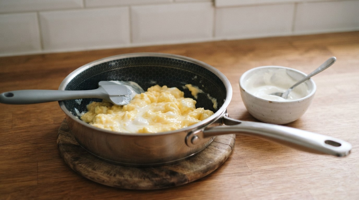 Scrambled eggs with sour cream folded through in a small nonstick saucepan resting on a wooden trivet off the heat, a rubber spatula in the pan and a bowl of sour cream beside it
