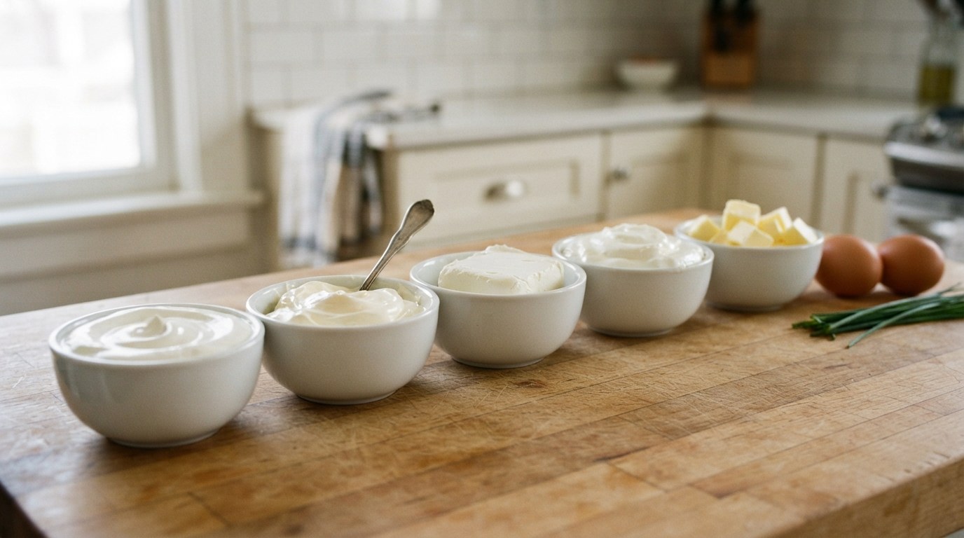 Crème fraîche substitutes for scrambled eggs in small white bowls on a butcher-block counter: sour cream, crème fraîche, cream cheese, Greek yogurt and cubes of cold butter, with two eggs and chives