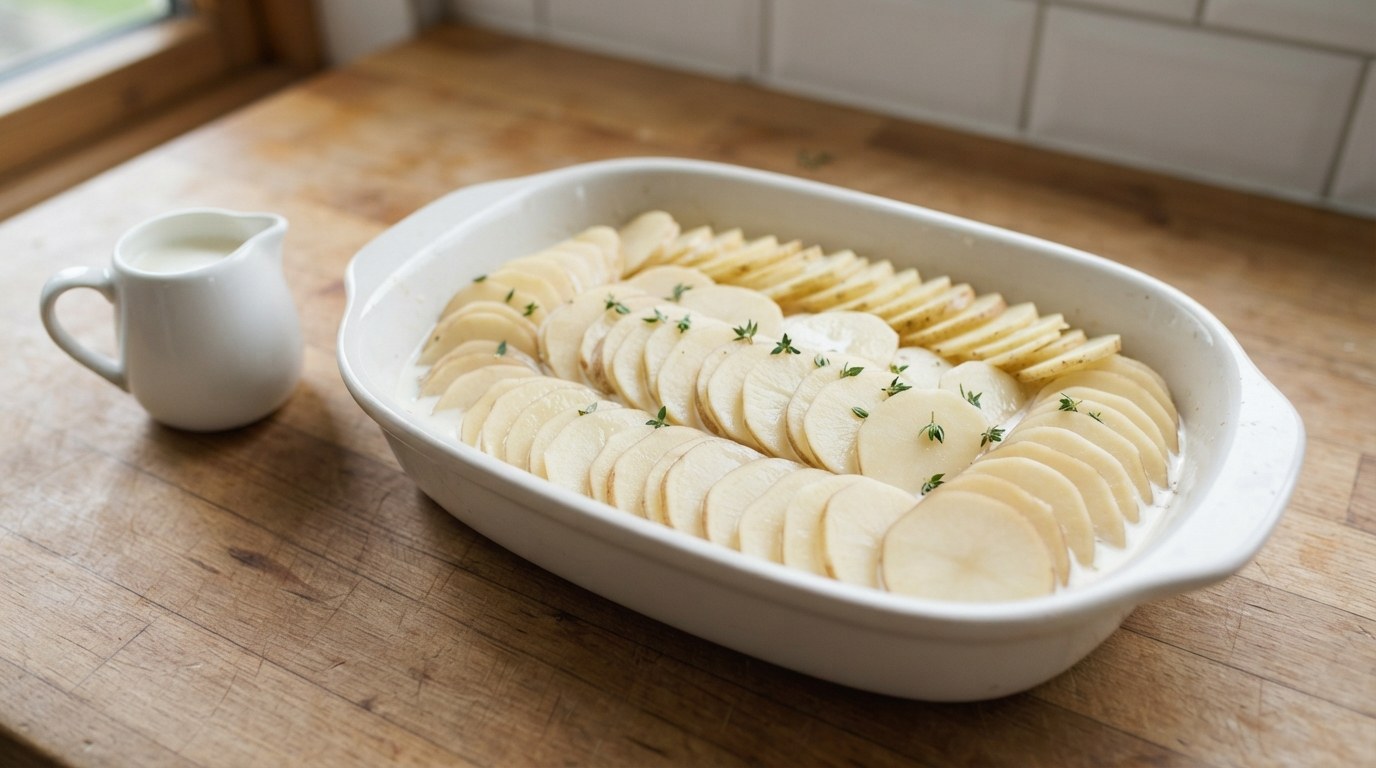 Thin, even raw potato slices shingled in rows in a white gratin dish with cream and thyme, ready for the oven