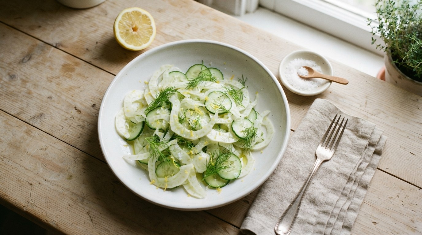 A white bowl of shaved fennel and thin cucumber slices with fennel fronds, lemon zest and olive oil on a wooden table