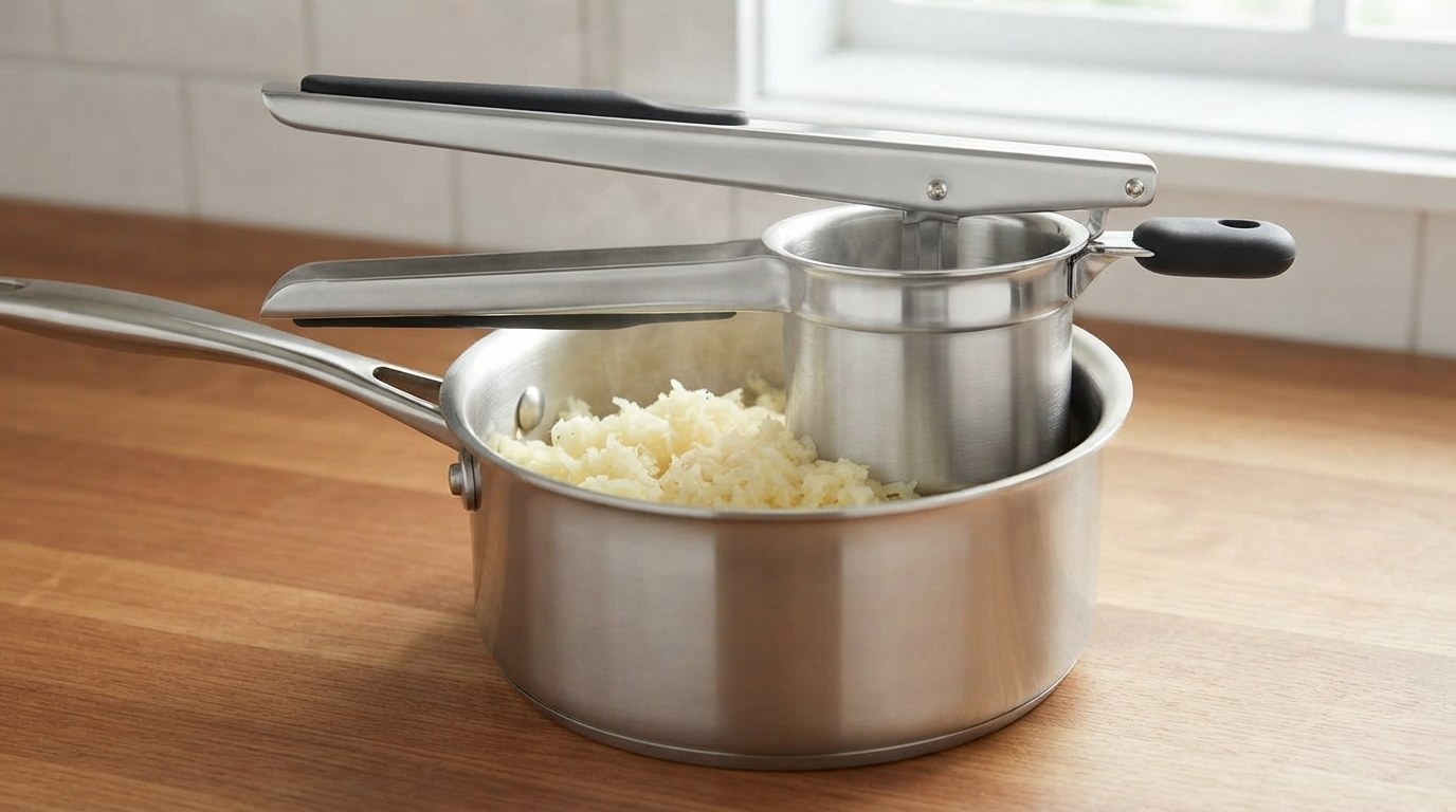 A stainless-steel potato ricer resting in a saucepan over a heap of fluffy, freshly riced potato