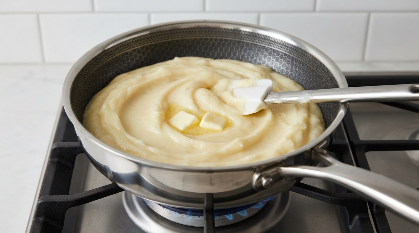 Silky, glossy riced potato purée in a saucepan with cubes of butter melting in and a spatula resting in the pan