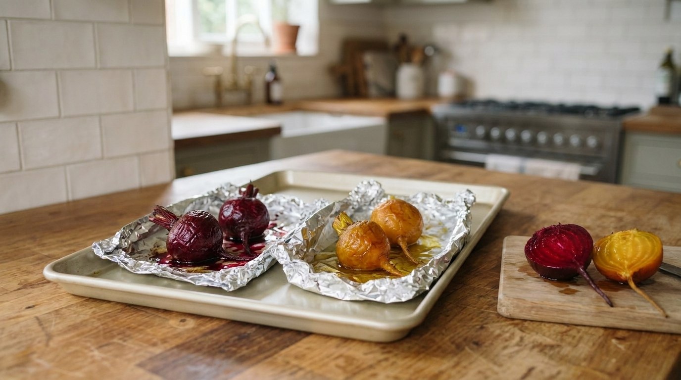 Roasted red and golden baby beets in two opened foil packets on a baking sheet, with one red and one golden beet cut in half to show the cooked glossy centers