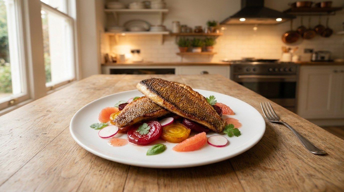 Pan seared red snapper with crispy skin, roasted beets and pink grapefruit