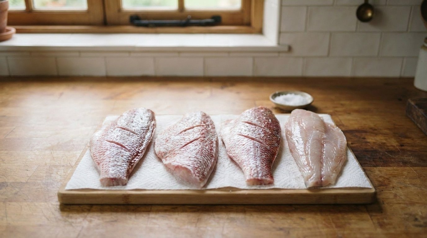 Four raw red snapper fillets on paper towel, three skin side up showing the silvery skin with its red scale pattern, scored and lightly salted, and one flesh side up