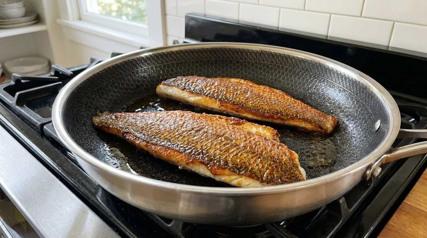 Two red snapper fillets just turned skin side up in a hybrid skillet on a gas range, the skin crisp, golden-bronze and blistered with the scale pattern showing