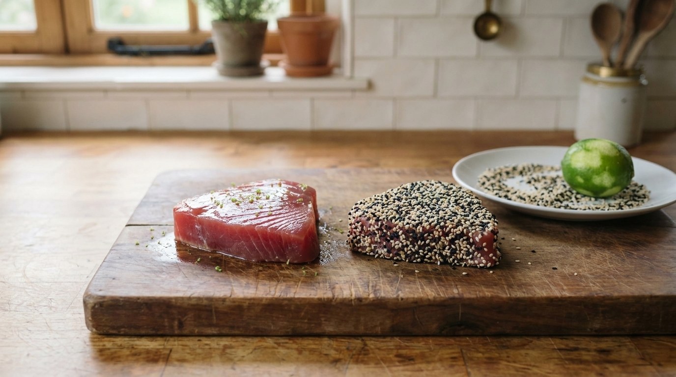 Two raw ahi tuna steaks on a wooden board, one bare deep ruby-red with egg white and lime zest, one pressed into a crust of black and white sesame seeds, beside a plate of sesame seeds and a zested lime