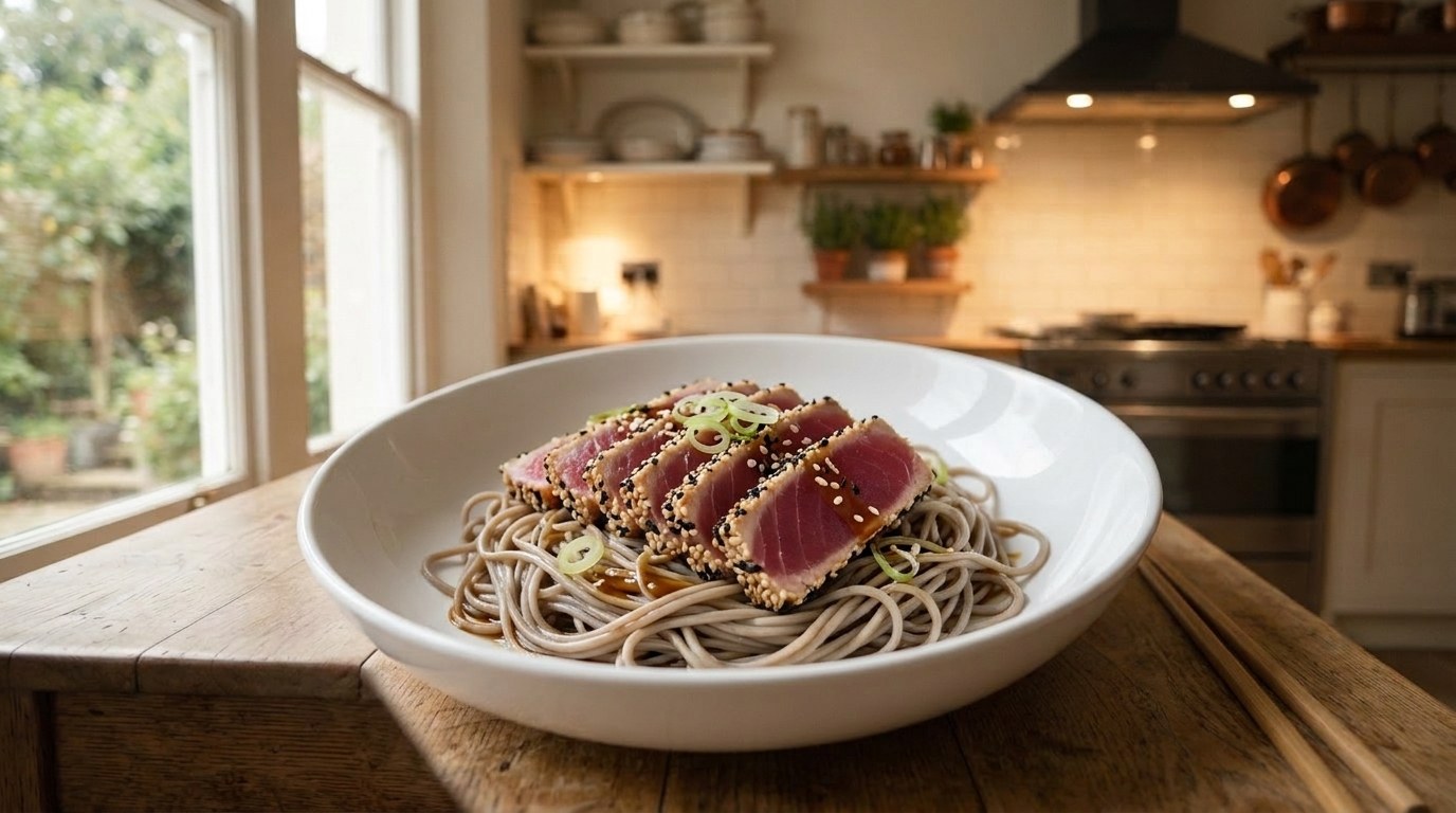 Sesame-crusted seared ahi tuna sliced over soba noodles