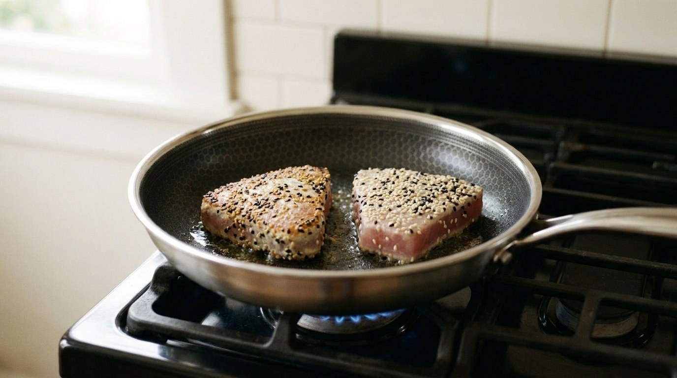 Two sesame-crusted ahi tuna steaks searing in a hybrid nonstick skillet on a gas range, one turned to show a golden toasted sesame crust