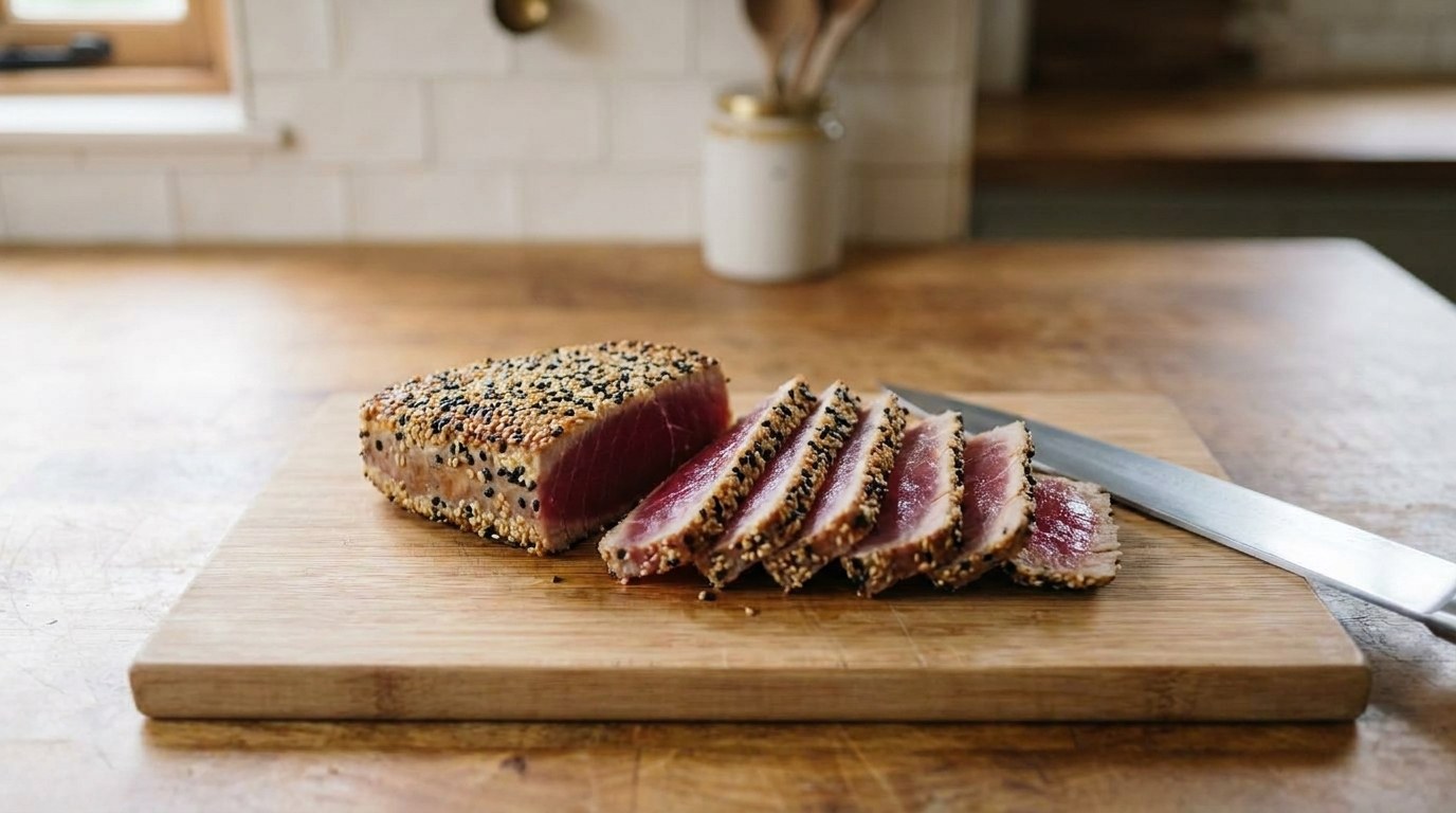Seared ahi tuna sliced across the grain on a wooden board, each slice with a sesame crust, a thin cooked edge and a deep ruby-red rare center