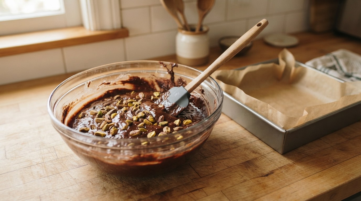 A glass mixing bowl of glossy dark chocolate brownie batter with chopped roasted pistachios folded through, a spatula resting in it beside a parchment-lined square pan