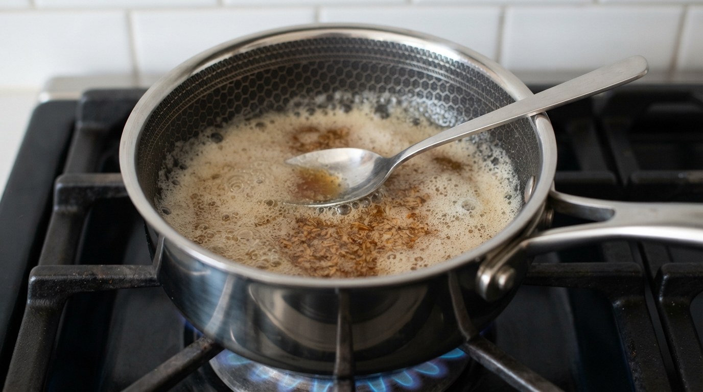 Butter foaming into golden-brown butter in a small saucepan, with toasted brown milk solids flecking the bottom and a spoon resting in the pan